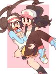  +_+ 2girls baseball_cap black_pantyhose black_vest blush brown_hair carrying commentary donut_hair_bun double_bun english_commentary hair_bun hat high_ponytail highres hilda_(pokemon) multiple_girls open_clothes open_mouth open_vest pantyhose pink_background poke_ball_print pokemon pokemon_black_2_and_white_2 pokemon_black_and_white ponytail princess_carry raglan_sleeves rosa_(pokemon) simple_background skirt smile sofo_soup sweatdrop two-tone_background vest visor_cap white_background wristband yellow_skirt yuri 