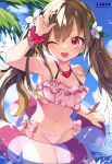  1girl :d ;d absurdres armpit_crease artist_name bare_arms bare_shoulders bikini blue_sky bracelet breasts brown_hair cleavage cloud cloudy_sky cowboy_shot day dengeki_moeoh fang flower frilled_bikini frills groin hair_flower hair_ornament hand_up highres holding holding_swim_ring innertube jewelry kamiyoshi_rika light_blush long_hair looking_to_the_side magazine_scan medium_breasts navel necklace one_eye_closed open_mouth original outdoors page_number palm_tree pink_bikini pink_scrunchie red_eyes scan scrunchie shiny_skin side-tie_bikini_bottom sidelocks sideways_glance sky smile solo standing stomach swim_ring swimsuit third-party_source tree twintails underboob v-shaped_eyebrows wading water water_drop white_flower wrist_scrunchie 