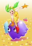  aosuke artist_name boots cherry cosplay dated food fruit ghost gloves green_hair long_hair orange_eyes orange_gloves pac-man pac-man_(game) parody pinky red_footwear riding task_owner twintails 