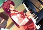 amazuyu_tatsuki game_cg grand_piano instrument kousaka_tamaki long_hair long_sleeves music piano piano_bench pleated_skirt red_hair school_uniform skirt solo to_heart_2 
