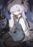  1girl absurdres black_pantyhose blue_archive brown_eyes brown_ribbon cauldron collared_shirt commentary diagonal-striped_ribbon dress eyeball_hair_ornament flask grey_hair hair_over_one_eye hand_up highres indoors kanoe_(blue_archive) long_hair long_sleeves looking_at_viewer multicolored_eyes pantyhose pinafore_dress ribbon round-bottom_flask scar scar_on_neck shirt sitting sleeveless sleeveless_dress smile solo two-tone_eyes two_side_up wariza weirdo white_shirt 