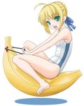  ahoge artoria_pendragon_(all) banana_boat barefoot blonde_hair fate/stay_night fate_(series) feet floating green_eyes hair_ribbon on_banana one-piece_swimsuit ribbon riding saber school_swimsuit sitting solo swimsuit t2r white_school_swimsuit white_swimsuit 