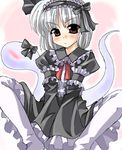  &gt;:( alternate_costume black_dress blush dress duplicate frills frown gothic_lolita hitodama konpaku_youmu konpaku_youmu_(ghost) lolita_fashion long_sleeves lowres oekaki pantyhose pink_background pout sitting solo soukai_(lemonmaiden) touhou v-shaped_eyebrows white_legwear 