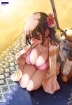  1girl absurdres anklet armpit_crease artist_name averting_eyes bag barefoot beach_towel bikini blush bottle bracelet breasts brown_hair cleavage closed_mouth dengeki_moeoh embarrassed flower from_above full_body gold_anklet gold_bracelet gold_necklace hair_between_eyes hair_flower hair_ornament halterneck hat hayashi_(l8poushou) heart heart_necklace hibiscus highres jewelry large_breasts lens_flare long_bangs looking_to_the_side loosely_tucked_bangs magazine_scan necklace nervous_smile o-ring o-ring_bikini o-ring_top original outdoors page_number pink_bikini pink_flower plastic_bottle raised_inner_eyebrows sand scan shade sidelocks smile solo squatting sun_hat sunlight sweatdrop swimsuit third-party_source towel under_umbrella unworn_headwear water_bottle 