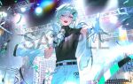  1boy :d aqua_eyes aqua_hair belt belt_buckle black_belt black_shirt blue_eyes buckle commentary_request copyright_notice cowboy_shot earrings gloves hair_between_eyes hair_ornament hairclip holding holding_microphone idol indie_virtual_youtuber jacket jacket_on_shoulders jewelry looking_at_viewer male_focus microphone open_mouth outstretched_arm outstretched_hand pants q_(llll4414_j) reaching reaching_towards_viewer sample_watermark screen shirt short_hair short_sleeves singing smile solo stage stage_lights teeth turtleneck upper_teeth_only virtual_youtuber watermark white_belt white_gloves white_jacket white_pants 