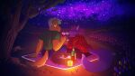 absurd_res alcohol alcohol_bottle anthro bedding beverage beverage_bottle bird_dog blanket bottle candlelight canid canine canis container cosmic_background domestic_dog duo female flower golden_retriever green_hair hair hi_res highlights_(coloring) hotdogvendor hunting_dog light male male/female mammal picnic pink_hair plant retriever star wine wolf