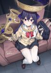  1girl aningay bag black_hair black_skirt blue_eyes blue_hair blush bow breasts brown_cardigan brown_shoes cardigan collared_shirt commentary commission couch dress_shirt gradient_hair highres knees_together_feet_apart loafers long_hair looking_at_viewer multicolored_hair on_couch original pleated_skirt red_bow school_bag school_uniform shirt shoes sitting skirt small_breasts smile solo thighhighs very_long_hair white_shirt white_thighhighs 