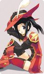 amazuyu_tatsuki black_gloves black_hair blue_eyes final_fantasy final_fantasy_xi gloves hume long_sleeves looking_at_viewer one_eye_closed open_mouth red_mage sitting solo thighhighs 