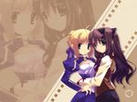  ahoge arms_around_waist artoria_pendragon_(all) blonde_hair brown_background brown_hair corset expressionless fate/stay_night fate_(series) hair_ribbon hand_on_another's_hip hand_on_hip homurahara_academy_uniform hug long_hair long_sleeves looking_at_viewer minazuki_haruka multiple_girls puffy_sleeves ribbon saber school_uniform shirt smile toosaka_rin two_side_up vest wallpaper zoom_layer 