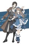  2girls :d alternate_costume ascot beret black_boots black_hair black_shoes blue_background blue_bow blue_coat blue_eyes blue_hat blue_leg_warmers blue_neckerchief boots bow brown_coat coat commentary english_commentary full_body greta_hofmann grey_jacket grey_skirt grin hair_bow hand_up hat highres holding_hands jacket lalang leg_warmers long_hair long_skirt looking_at_another looking_at_viewer marcus_(reverse:1999) medium_skirt mole mole_under_eye mole_under_mouth multiple_girls neckerchief pencil_skirt puffy_short_sleeves puffy_sleeves reverse:1999 shirt shoes short_sleeves skirt smile standing two-tone_background wavy_hair white_ascot white_background white_shirt white_skirt yellow_eyes 