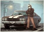  2024 anthro armor boots car charmersshelter chevrolet chevrolet_chevelle classic_car clothing crossed_arms fan_character footwear gloves handwear headgear helmet hi_res khaki_pants koopa koopa_troopa koopatrol koopatrol_krysis leather leather_clothing looking_at_viewer male mario_bros muscle_car nintendo reptile scalie shoes solo spiked_armor spiked_helmet spikes standing urban_background vehicle 