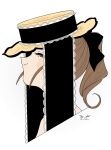  1girl absurdres brown_eyes brown_hair half-closed_eyes hat hat_on_back highres lace_trim lappet looking_at_viewer omen_hohoho original ponytail portrait short_ponytail sidelocks simple_background smile solo twitter_username white_background 