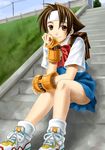  bow brown_eyes brown_hair chin_rest hairband justice_gakuen pink_bow pleated_skirt ryou_(pixiv22748) school_uniform shiritsu_justice_gakuen shoes short_hair sitting sitting_on_stairs skirt smile sneakers socks solo stairs taiyou_gakuen_uniform very_short_hair wakaba_hinata 