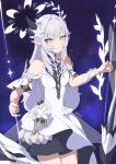  1girl absurdres blue_archive breasts commentary_request cosplay cyrene_(demiurge)_(honkai:_star_rail) cyrene_(honkai:_star_rail) cyrene_(honkai:_star_rail)_(cosplay) flower hair_flower hair_ornament halo highres himari_(blue_archive) honkai:_star_rail honkai_(series) long_hair looking_at_viewer multicolored_halo on_swing pointy_ears rafxeed sky small_breasts smile solo star_(sky) starry_sky swing twitter_username two-tone_halo very_long_hair white_eyes white_hair 