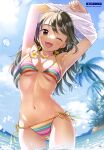  1girl :d ;d absurdres armpits arms_up artist_name ass_visible_through_thighs bare_arms bikini blue_sky breasts brown_eyes brown_hair cleavage cloud cloudy_sky collarbone cowboy_shot day dengeki_moeoh full_cleavage groin hair_between_eyes highres light_blush long_hair looking_at_viewer magazine_scan matsuzaki_miyuki medium_breasts multicolored_bikini navel one_eye_closed open_mouth original outdoors page_number palm_tree scan side-tie_bikini_bottom sideboob skindentation sky smile solo standing stomach sunlight swimsuit teeth third-party_source tree underboob undressing upper_teeth_only wading water water_drop wet 
