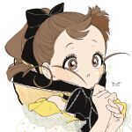  1girl brown_eyes brown_hair center_opening flower hat hat_on_back highres lace_trim lappet omen_hohoho original ponytail portrait short_ponytail sidelocks simple_background solo twitter_username white_background wide-eyed 