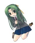  blazer full_body green_eyes green_hair half_updo higurashi_no_naku_koro_ni jacket kneehighs long_hair long_sleeves school_uniform shima_tokio shoes simple_background skirt solo sonozaki_shion tears white_background white_legwear 