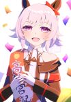  1girl animal_ears bare_shoulders birthday_sash biwa_irosaki black_hairband blush bow breasts coat commentary_request confetti curren_chan_(fille_eclair)_(umamusume) curren_chan_(umamusume) dress ear_bow ear_covers gloves grey_hair hair_between_eyes hairband highres horse_ears horse_girl long_sleeves looking_at_viewer off-shoulder_coat off-shoulder_dress off-shoulder_jacket off_shoulder open_mouth purple_eyes red_bow short_hair smile solo striped_clothes striped_dress sweat umamusume vertical-striped_clothes vertical-striped_dress white_gloves 