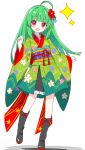  1girl :d ahoge black_boots black_skirt blunt_bangs blush boots commentary_request dot_nose flower frilled_skirt frills full_body green-haired_kimono_girl_(kotatsu-mazoku) green_hair green_kimono hair_flower hair_ornament hand_up highres japanese_clothes kimono kotatsu-mazoku long_hair long_sleeves looking_at_viewer no_nose obi open_mouth original pleated_skirt purple_sash red_eyes red_flower sash simple_background skirt smile solo standing white_background wide_sleeves 