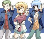  2boys artist_request auel_neider bare_shoulders blonde_hair blue_hair boots green_hair gundam gundam_seed gundam_seed_destiny jinki long_sleeves lowres multiple_boys oekaki pants parody skirt stellar_loussier sting_oakley 