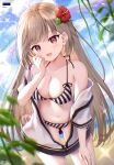  1girl :d absurdres ahoge armpit_crease artist_name ass_visible_through_thighs bikini black_bikini blue_sky breasts brown_hair cleavage cloud cloudy_sky collarbone cowboy_shot day dengeki_moeoh fang flower hair_behind_ear hair_flower hair_ornament halterneck hand_on_own_cheek hand_on_own_face hand_up hibiscus highres jacket jacket_partially_removed leaning_forward lens_flare liuliu long_hair looking_at_viewer magazine_scan medium_breasts multicolored_bikini navel open_mouth original outdoors page_number partially_unzipped plant rainbow red_eyes red_flower scan short-sleeved_jacket short_sleeves sideboob single_bare_shoulder sky smile solo sparkle standing sunlight swept_bangs swimsuit third-party_source two-tone_bikini very_long_hair white_bikini white_jacket 