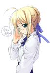  artoria_pendragon_(all) bespectacled blonde_hair blouse fate/stay_night fate_(series) glasses green_eyes long_sleeves minamino_kanata saber solo 