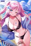  1girl absurdres armpit_crease artist_name ass_visible_through_thighs bare_shoulders bikini black_bikini blue_eyes blue_flower breasts cleavage cloud cloudy_sky collarbone covered_nipples cowboy_shot day dengeki_moeoh earrings flower front-tie_bikini_top front-tie_top hair_between_eyes hair_flower hair_ornament highres jacket jewelry large_breasts leaning_to_the_side light_blush light_smile long_hair looking_at_viewer magazine_scan multi-strapped_bikini_bottom navel necklace o-ring o-ring_bikini o-ring_top one_eye_closed open_clothes open_jacket original outdoors page_number pink_hair removing_jacket scan shiny_skin shore sidelocks skindentation sky solo standing stomach sunlight swept_bangs swimsuit thigh_gap thigh_strap third-party_source tongue tongue_out tsukimiya_sara two_side_up water_drop white_jacket 
