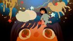  1girl black_hair giraffe goat highres kani_no_onsen multiple_views original pajamas sheep simple_background star_(symbol) 
