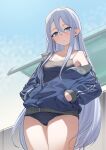 1girl aningay bare_shoulders blue_eyes blue_jacket blue_one-piece_swimsuit blue_sky blush breasts character_request check_character closed_mouth cloud commentary commission cowboy_shot day grey_hair hair_between_eyes hands_in_pockets highres jacket long_hair long_sleeves looking_at_viewer off_shoulder one-piece_swimsuit outdoors project_sekai puffy_long_sleeves puffy_sleeves sky small_breasts solo swimsuit swimsuit_under_clothes track_jacket very_long_hair yoisaki_kanade 