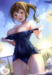  1girl :d absurdres armpit_crease artist_name ass_visible_through_thighs bare_arms bare_shoulders blue_sky blush breasts brown_hair chain-link_fence choppy_bangs cleavage clothes_pull cloud cloudy_sky covered_navel cowboy_shot dengeki_moeoh fence highres large_breasts looking_at_viewer magazine_scan mori_airi old_school_swimsuit one-piece_swimsuit_pull open_mouth original outdoors page_number pulling_own_clothes scan school_swimsuit shiny_skin side_ponytail sidelocks sky smile solo standing sun sunlight sunset swimsuit thighs third-party_source wading water water_drop wet yellow_eyes 