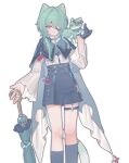  1boy 35684187031 aged_down anaxa_(honkai:_star_rail) anaxa_(nanus)_(honkai:_star_rail) animal animal_ears animalization aqua_hair black_cape black_gloves black_shorts black_socks cape cat cat_ears cat_tail chimera_(honkai:_star_rail) eyepatch gloves hair_intakes hair_over_shoulder hand_up highres honkai:_star_rail honkai_(series) kemonomimi_mode kneehighs long_sleeves looking_at_viewer male_focus person_and_animalization shirt shirt_tucked_in shorts single_glove smile socks solo standing tail thigh_strap umbrella white_shirt 