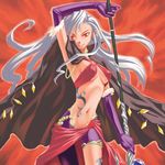  armpits breasts cape character_request choker circlet earrings elbow_gloves fantasy final_fantasy gloves jewelry large_breasts long_hair mage midriff mori_kotarou navel purple_gloves red_eyes smile solo staff tattoo underboob very_long_hair white_hair 