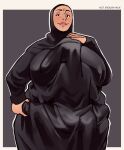  1boy 1girl artist_name black_dress black_hijab dress highres hijab looking_at_viewer not_enough_milk original shared_clothes solo_focus 