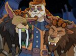  4_fingers anthro armor bear belt belt_buckle black_mane blizzard_entertainment bovid bovine braided_hair brown_body brown_eyebrows brown_fur brown_mane buckle clothing cloud curly_hair detailed_background druid_(feral) ear_piercing ear_ring eyebrows eyes_closed eyewear facial_hair facial_markings facial_piercing fangs father_(lore) father_and_child_(lore) father_and_son_(lore) feral fingers fur glowing glowing_eyes glowing_mouth goatee group hair head_markings hi_res horn jacket kerchief long_ears long_hair male mammal mane markings neckerchief neckwear night nose_piercing nose_ring overweight overweight_male pandaren parent_(lore) parent_and_child_(lore) parent_and_son_(lore) petting piercing quasarbearcat ring_piercing scar smile son_(lore) star sunglasses tan_body tan_fur tauren tauren_(feral) teeth tied_hair tongue tongue_out topwear trio warcraft white_body white_fur 