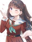  1girl absurdres aqua_neckerchief blowing_kiss breasts brown_dress brown_hair collarbone commentary dress falling_petals fujishima_megumi hasu_no_sora_school_uniform highres long_hair long_sleeves looking_at_viewer love_live! love_live!_hasu_no_sora_jogakuin_school_idol_club medium_breasts neckerchief okome_(okome_l_l) petals pink_petals pleated_dress purple_eyes sailor_collar sailor_dress school_uniform solo two_side_up virtual_youtuber white_sailor_collar winter_uniform 
