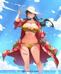  1girl alternate_costume bikini black_hair blue_sky breasts closed_eyes cloud cloudy_sky day gold_bikini grin hat huge_breasts jk_arts long_hair navel ocean outdoors red_robe robe sky smile solo spy_x_family sun_hat swimsuit teeth white_hat yor_briar 