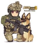  1girl backpack bag belt body_armor boots brown_footwear brown_hat brown_jacket brown_pants camouflage camouflage_jacket camouflage_pants combat_boots dog english_text german_shepherd gloves goggles goggles_on_headwear green_gloves grenade_launcher gun handgun hat helmet hijab holding holding_gun holding_weapon holster jacket knee_pads looking_at_viewer military military_operator one_knee original pants petting red_eyes scope simple_background solo tactical_clothes tantu_(tc1995) trigger_discipline utility_belt weapon weapon_request white_background 