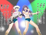  belt boots concert cutoffs denim denim_shorts electric_guitar fate/stay_night fate_(series) guitar instrument leysritt matou_sakura microphone midriff multiple_girls music purple_eyes purple_hair red_eyes short_shorts shorts singing tank_top toshibou_(satsukisou) translated 