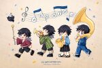  4boys aqua_kimono belt bird black_hair black_jacket black_pants black_socks blue_eyes blue_jacket blue_pants chibi chibi_only closed_eyes commentary_request crow demon_slayer_uniform full_body hakama hakama_pants haori happy_birthday high_collar highres holding holding_instrument instrument jacket japanese_clothes kanzaburou_(kimetsu_no_yaiba) kikkoumon kimetsu_gakuen kimetsu_no_yaiba kimono long_hair low_ponytail male_focus multiple_boys multiple_persona musical_note open_mouth pants paparnparn ponytail print_haori profile red_haori red_kimono shoes smile socks spiked_hair teeth tomioka_giyuu upper_teeth_only walking white_belt white_socks 