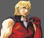  1boy anime_coloring blonde_hair blue_eyes char_aznable closed_mouth commentary gloves grey_background gundam highres holding holding_removed_eyewear looking_at_viewer quattro_bajeena red_gloves serious simple_background solo sunglasses unworn_eyewear zeijak zeta_gundam 