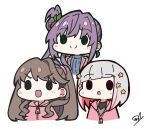  3girls :d :o absurdres bloom_garden_party_jacket bob_cut brown_hair c: closed_mouth colored_inner_hair commentary flower fujishima_megumi grey_hair hair_bun hair_flower hair_ornament hasu_no_daisankaku highres hood hood_down hooded_jacket inverted_bob jacket lone_nape_hair long_hair love_live! love_live!_hasu_no_sora_jogakuin_school_idol_club love_live!_hasu_no_sora_jogakuin_school_idol_club_bloom_garden_party multicolored_hair multiple_girls oofushi_ao open_clothes open_jacket otomune_kozue partially_unzipped pink_jacket purple_hair red_flower red_hair short_hair side_ponytail sidelocks signature simple_background single_side_bun smile solid_oval_eyes star_(symbol) star_hair_ornament two_side_up untranslatable_commentary v-shaped_eyebrows white_background yugiri_tsuzuri 