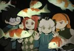  2boys 2girls a'gen_(the_legend_of_luoxiaohei) animal_ears black_hair black_jacket black_vest blue_hoodie blunt_bangs braid cat_boy cat_ears commentary_request dated drawstring fish hairband heixiu highres hood hoodie jacket luo_xiaobai luo_xiaohei luo_xiaohei_(human) multiple_boys multiple_girls orange_hair red_hair shanxin_(the_legend_of_luoxiaohei) shirt tenoooo the_legend_of_luo_xiaohei twin_braids vest white_hair white_shirt 