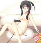  arima_senne black_hair black_panties breasts chopsticks game_console glasses kashiwamochi_yomogi lowres medium_breasts nipples nude original panties pillow playing_games playstation_2 red_eyes side-tie_panties solo twintails underwear untied video_game 