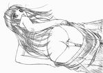  aoyama_motoko ass blush dressing dutch_angle embarrassed flying_sweatdrops greyscale highres japanese_clothes long_hair looking_back love_hina mekongdelta miko monochrome panties sarashi solo standing thigh_gap underwear 