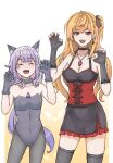  2girls animal_ear_fluff animal_ears black_choker black_gloves black_leotard black_skirt blonde_hair breasts cat_ears chest_jewel choker claw_pose closed_eyes corset elbow_gloves english_commentary fangs fingerless_gloves flat_chest fur_choker fur_gloves gem gloves hair_ribbon highres hololive hololive_english hololive_indonesia ichiyaichimaru jewel_under_eye jewelry kaela_kovalskia koseki_bijou large_breasts leotard long_hair looking_at_viewer multiple_girls nail_polish necklace ponytail purple_hair red_corset red_eyes ribbon simple_background skirt thighhighs 
