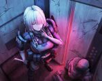  1girl absurdres ak-15_(girls'_frontline) breasts commentary_request finger_to_mouth girls'_frontline girls'_frontline_2:_exilium hair_over_one_eye hand_up highres index_finger_raised long_hair looking_at_viewer mechanical_eyes muscular muscular_female shushing single_mechanical_eye smile tactical_clothes thigh_armor voymastina_(girls'_frontline_2) white_hair zion_rss 