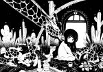  1girl cactus coffee_mug commentary_request completely_nude cup expressionless giraffe greyscale highres kani_no_onsen long_hair looking_at_viewer monochrome mug nude original plant potted_plant sitting solo 