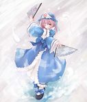  dancing dual_wielding fan folding_fan full_body hat hitodama holding japanese_clothes kimono long_sleeves obi one_eye_closed pink_hair red_eyes saigyouji_yuyuko sash shoes solo touhou triangular_headpiece x_arms yukitarou_(awamori) 