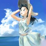  black_hair blue_eyes cloud day dress hat ikeda_jun_(mizutamari) original solo straw_hat water wind 