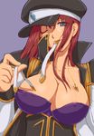  areola_slip areolae artist_request blue_eyes breasts cleavage coat forte_stollen galaxy_angel hat large_breasts monocle mouth_hold one_eye_closed purple_background red_hair short_hair solo 